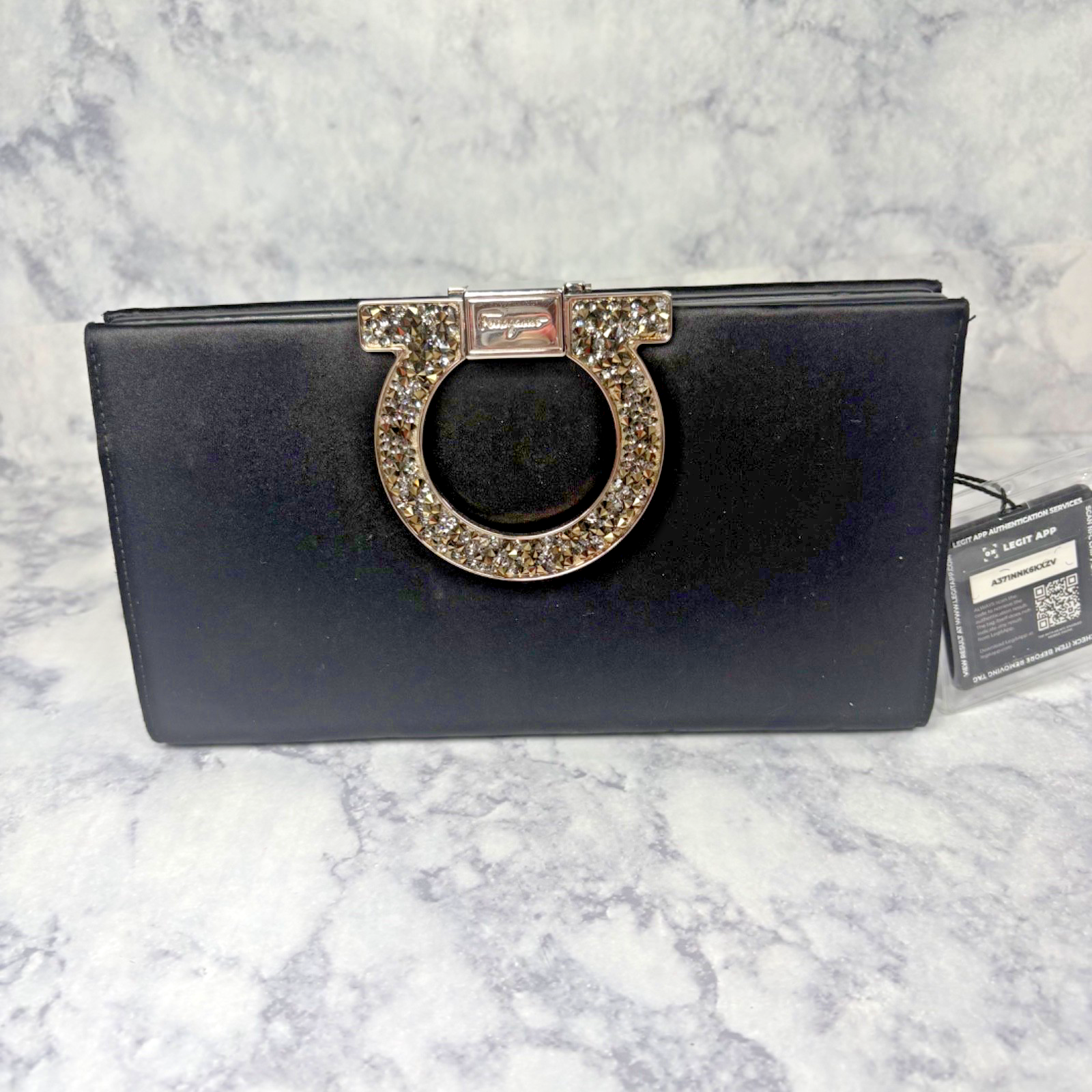 Salvatore Ferragamo Black Satin Crystal Musa Evening 2way Removable Chain Clutch